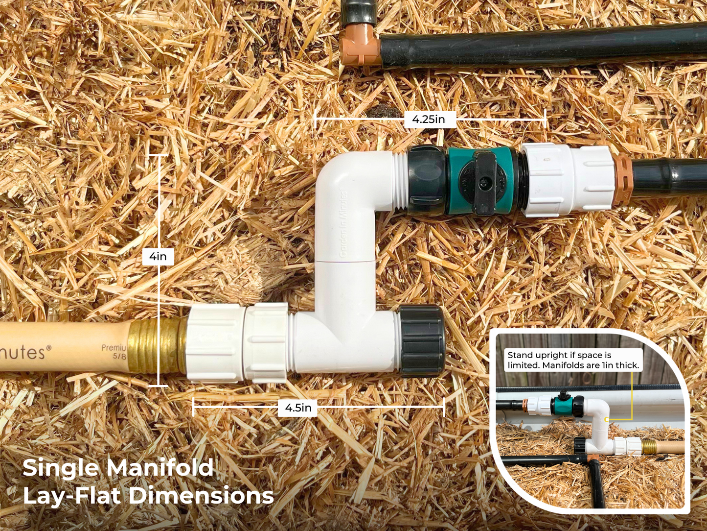 Single manifold lay-flat dimensions with a 4in height, 4.25in width, and 4.5in length
