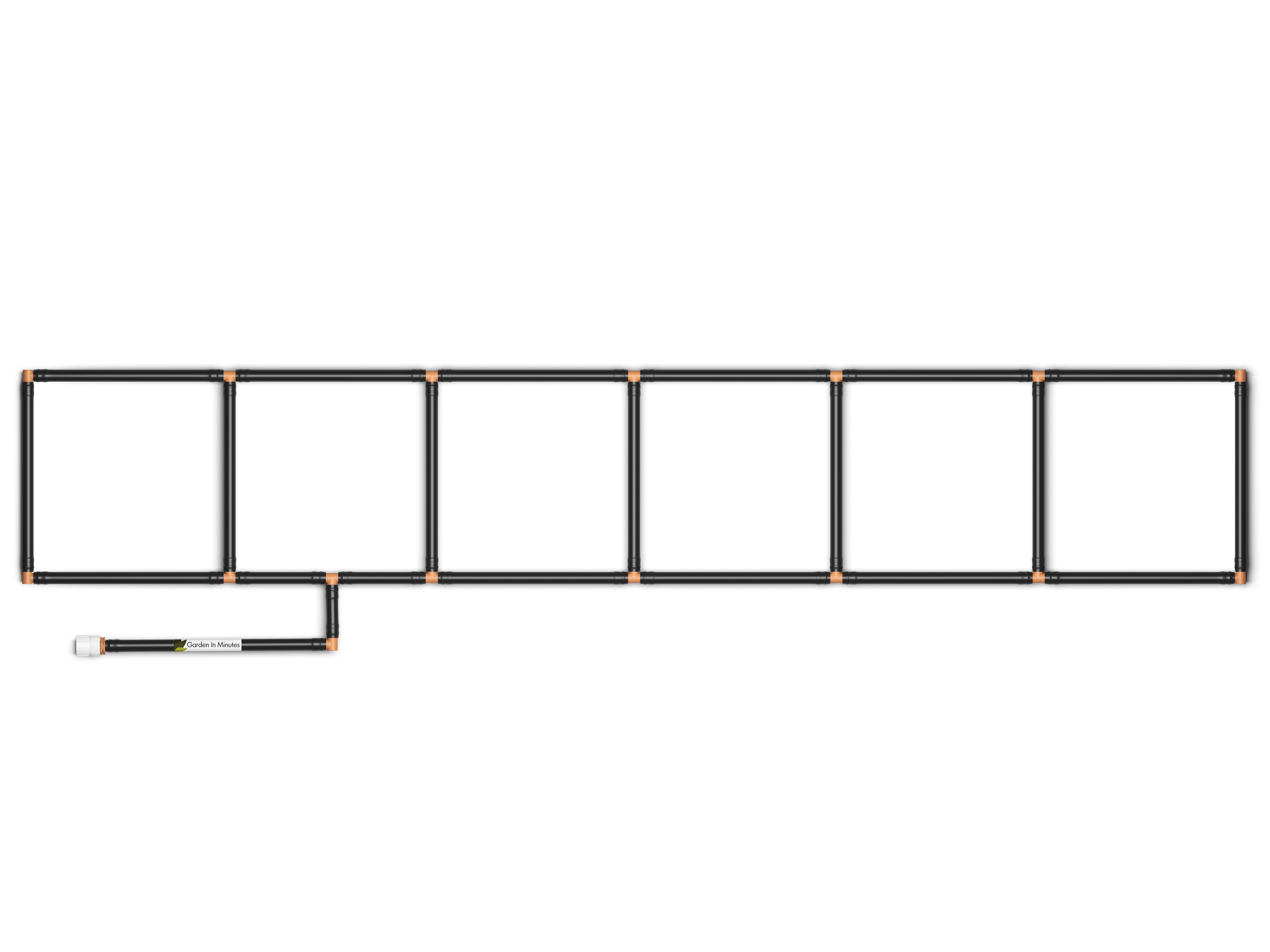 Garden in Minutes 1x6 Garden Grid watering system, top down view entire system black irrigation tubing and tan fittings and water feedtube with a white hose swivel connector, on a transparent background