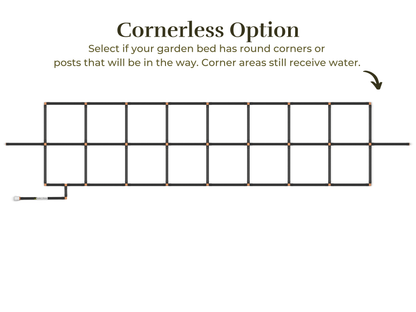 2x10 Garden Grid Watering System with a cornerless option, showing the grid layout without corner tubes to accommodate round garden beds or posts. Corner areas still receive water