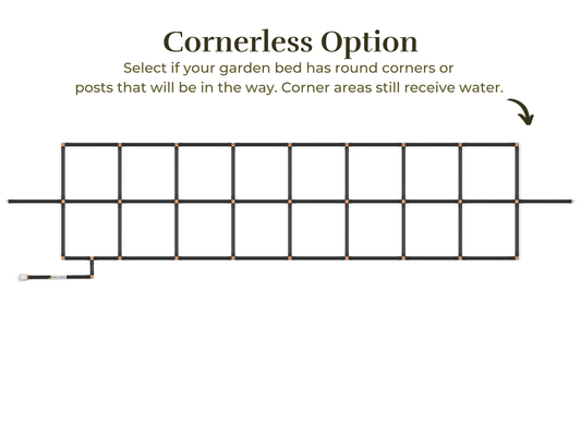 2x10 Garden Grid Watering System with a cornerless option, showing the grid layout without corner tubes to accommodate round garden beds or posts. Corner areas still receive water