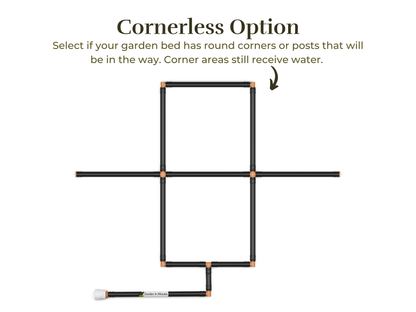 2x3 Garden Grid Watering System with a cornerless option, showing the grid layout without corner tubes to accommodate round garden beds or posts. Corner areas still receive water