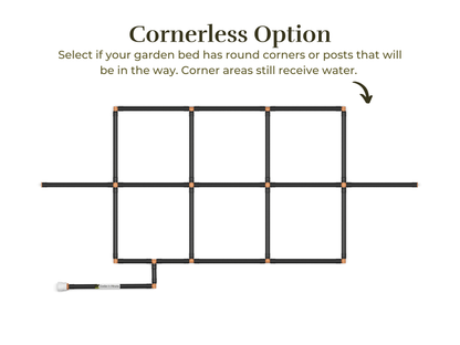 2x5 Garden Grid Watering System with a cornerless option, showing the grid layout without corner tubes to accommodate round garden beds or posts. Corner areas still receive water