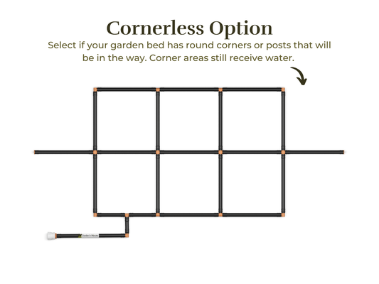 2x5 Garden Grid Watering System with a cornerless option, showing the grid layout without corner tubes to accommodate round garden beds or posts. Corner areas still receive water