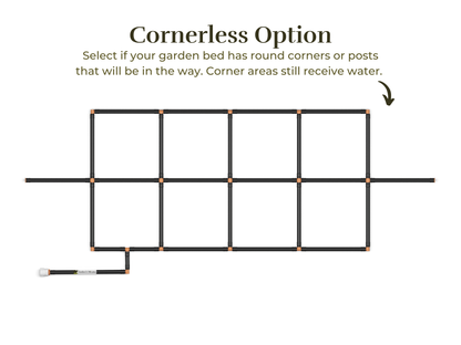 2x6 Garden Grid Watering System with a cornerless option, showing the grid layout without corner tubes to accommodate round garden beds or posts. Corner areas still receive water
