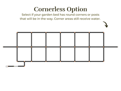 2x8 Garden Grid Watering System with a cornerless option, showing the grid layout without corner tubes to accommodate round garden beds or posts. Corner areas still receive water