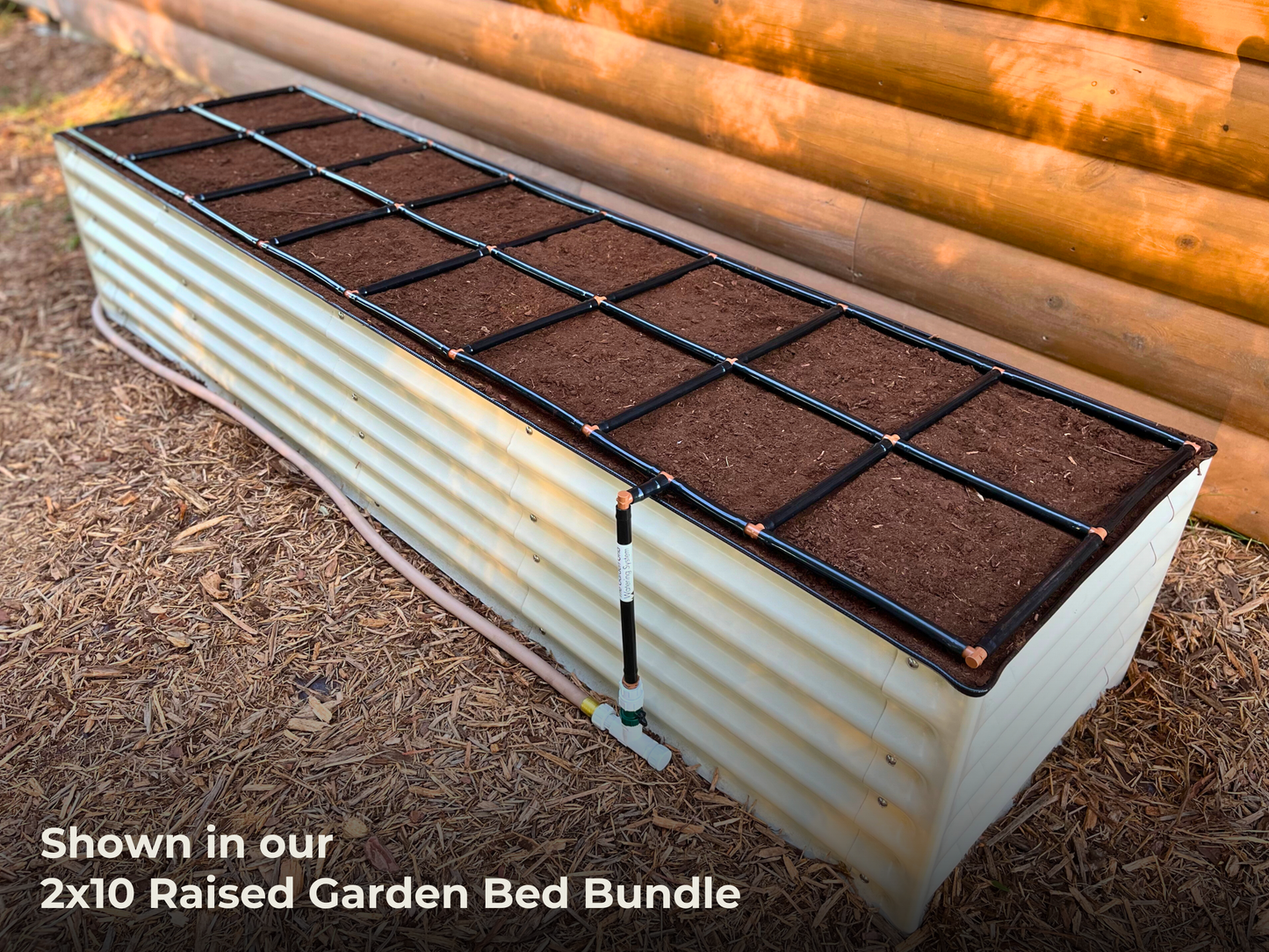 Raised garden bed with grid design on a wooden background