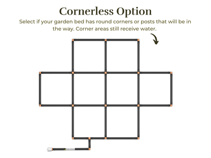 3x4 Garden Grid Watering System with a cornerless option, showing the grid layout without corner tubes to accommodate round garden beds or posts. Corner areas still receive water