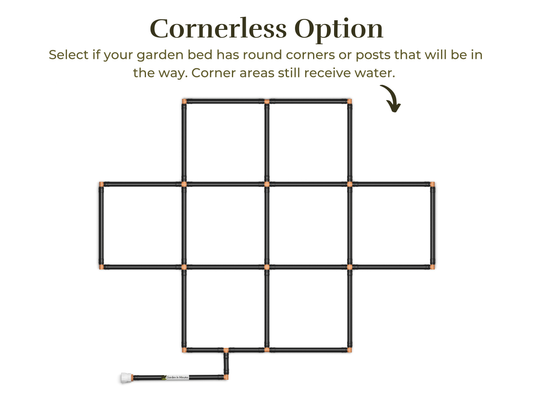 3x4 Garden Grid Watering System with a cornerless option, showing the grid layout without corner tubes to accommodate round garden beds or posts. Corner areas still receive water