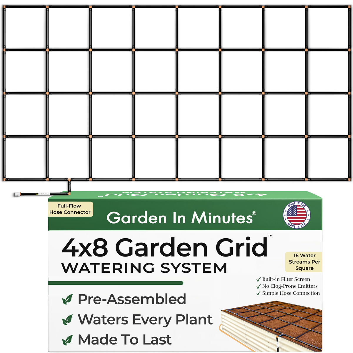 A 4x8 garden grid watering system shown as a black metal grid with brown-colored connectors, above its retail packaging. The package is green, white, and black, featuring the text 'Garden In Minutes' and '4x8 Garden Grid Watering System'.