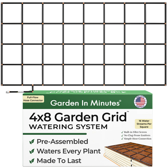 A 4x8 garden grid watering system shown as a black metal grid with brown-colored connectors, above its retail packaging. The package is green, white, and black, featuring the text 'Garden In Minutes' and '4x8 Garden Grid Watering System'.