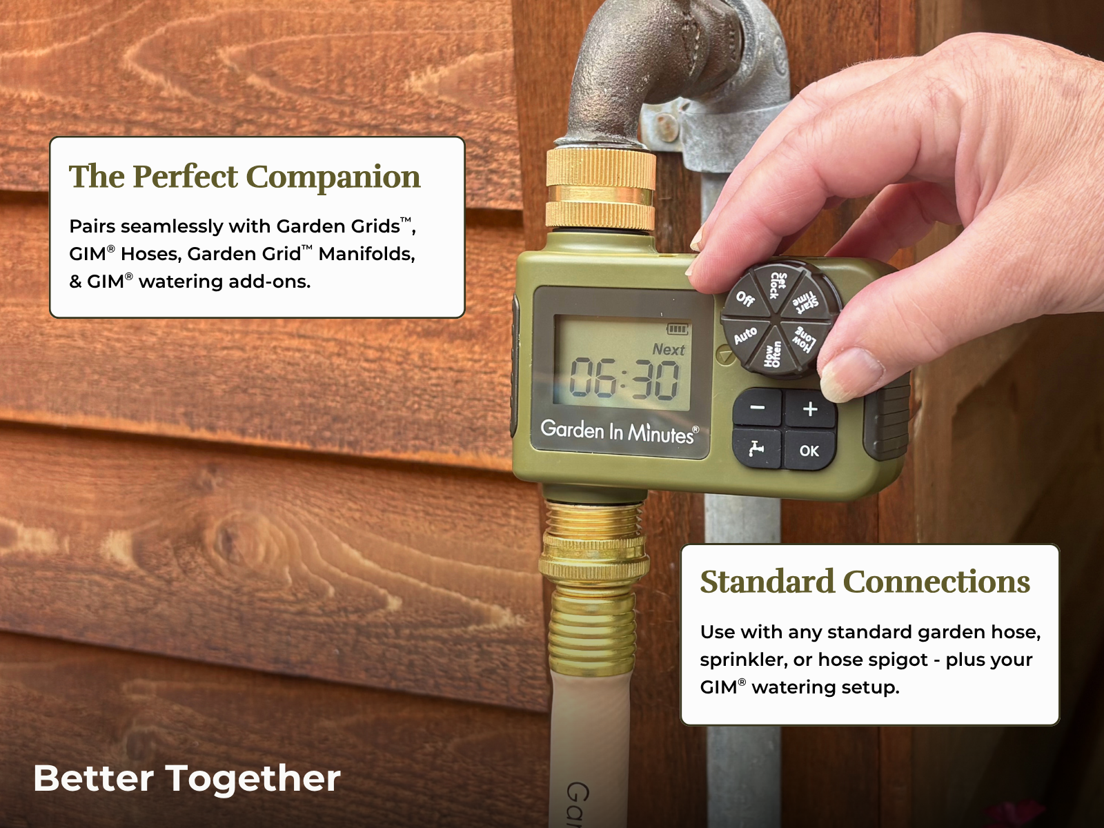 Hand adjusting a Garden In Minutes watering timer connected to a hose spigot noting compatibility with Garden Grids, Manifold, Hoses, sprinklers, all GIM Add-ons and other garden hose thread items