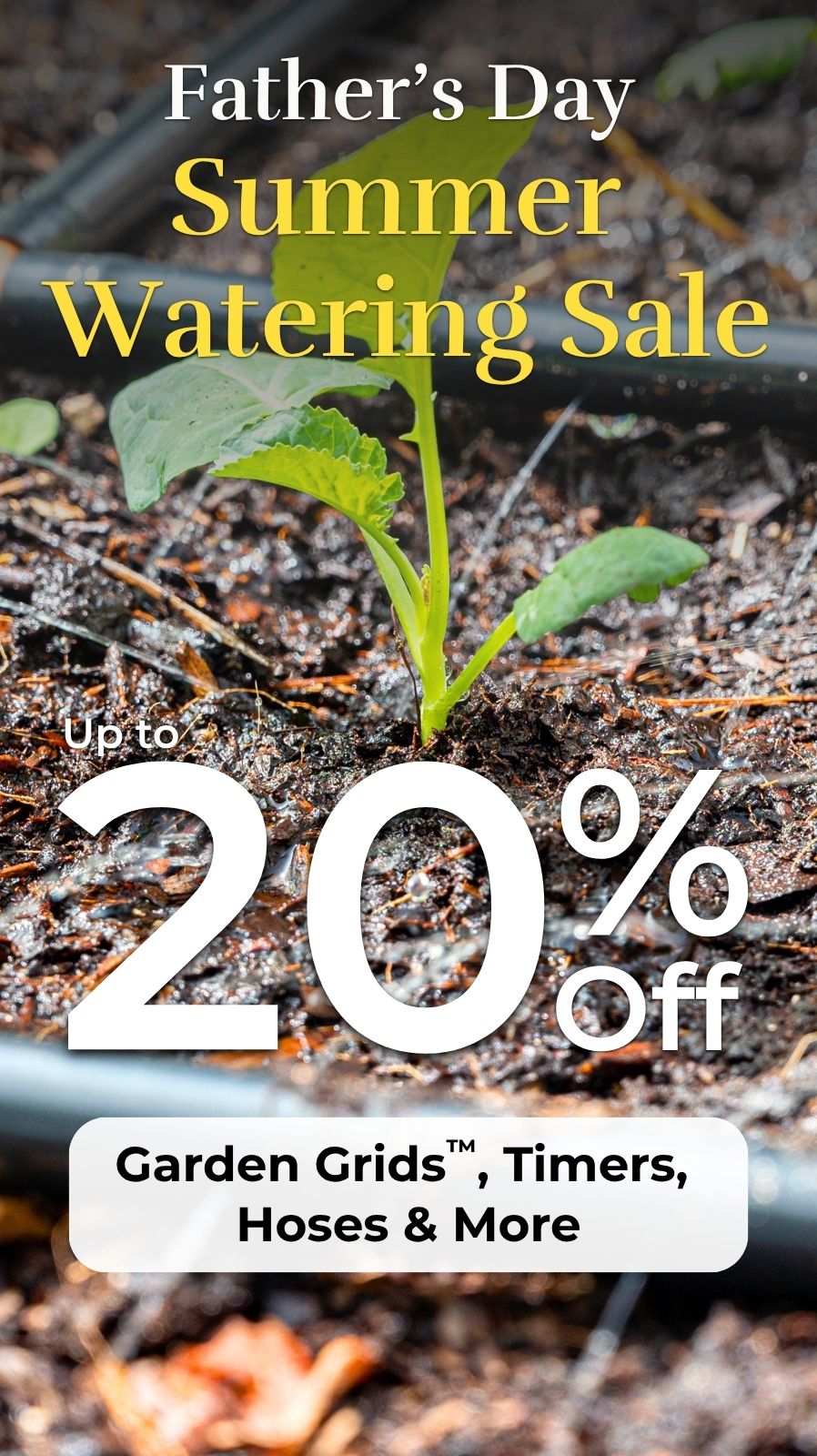 Father's Day Summer Watering Sale, up to 20% off Garden Grids, Timers, Hoses & More, with a plant being watered