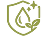 Green shield icon with a water drop, two sparkles, and a small plant with two leaves