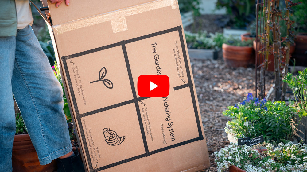 A person in jeans holds a large cardboard box printed with the 'The Garden Watering System' logo and diagrams, set in a garden environment with potted plants.