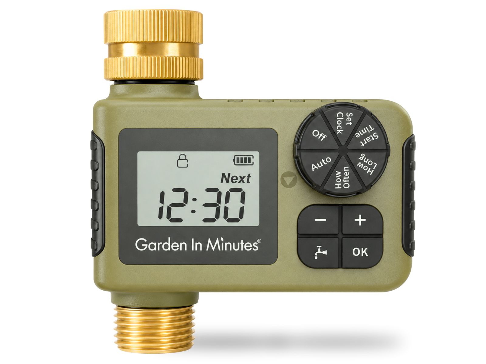 Garden In Minutes hose timer with a digital display showing 12:30 and a control dial