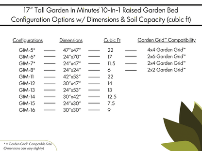 17" Tall 10-In-1 Raised Garden Bed Configuration Dimensions