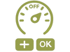 Gauge icon with needle pointing to OFF, and two buttons below labeled plus and OK