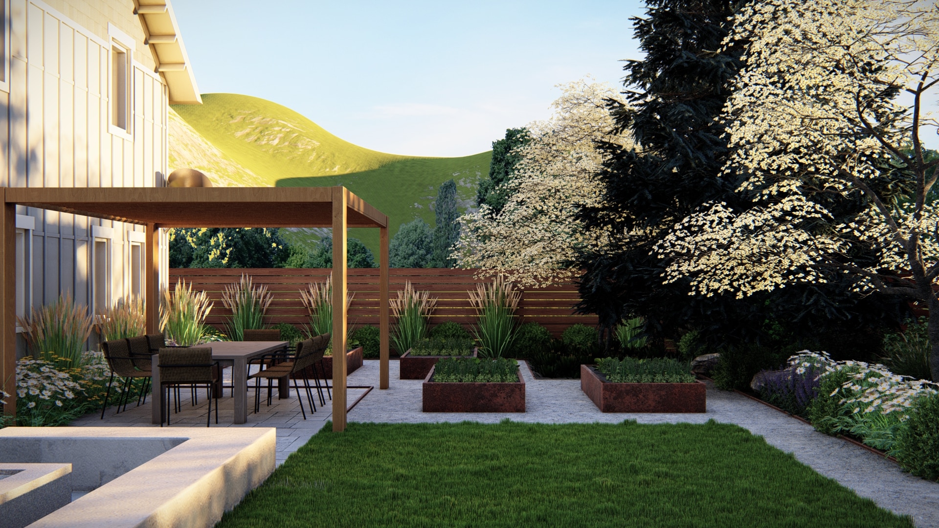 Colorado Backyard Landscape Design with Raised Beds and Pergola