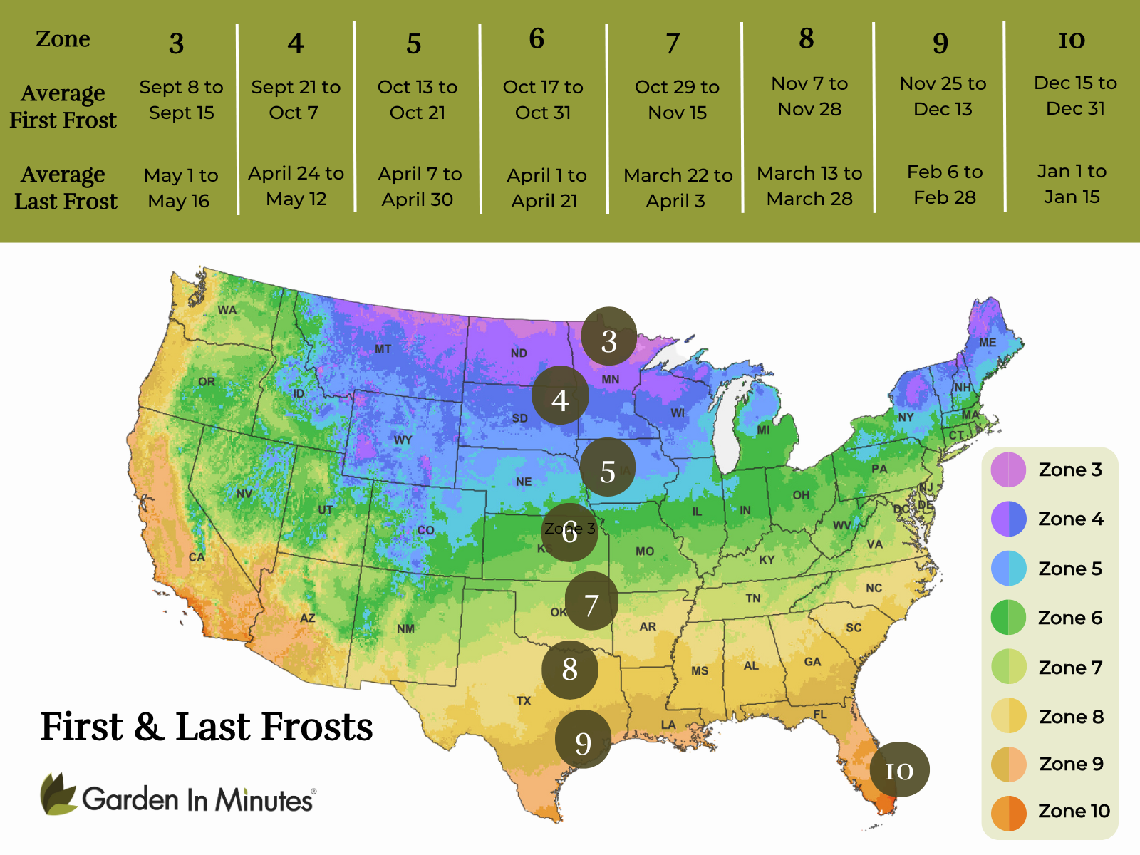 Growing Zone Frost Dates | Average First Frost and Average Last Frost Zones 3 4 5 6 7 8 9 10 11